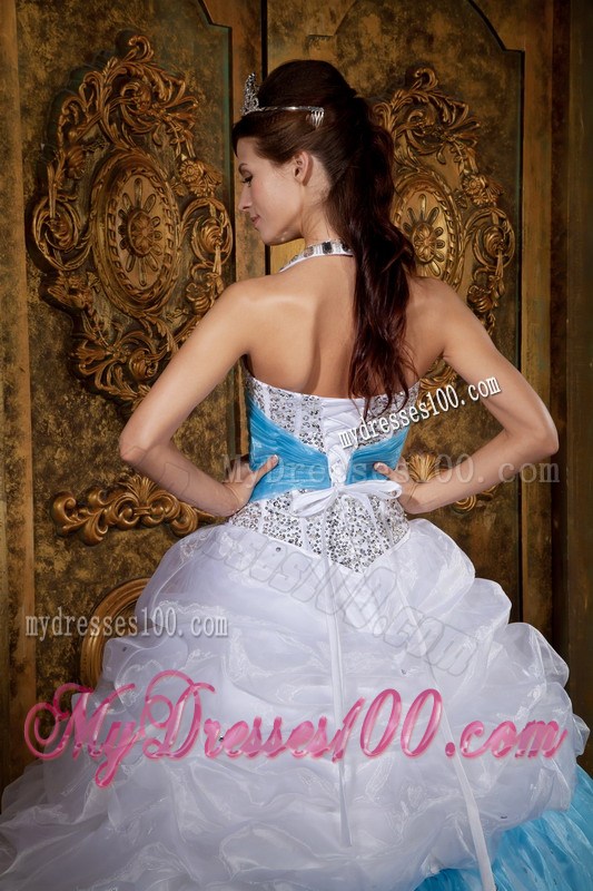 Ruffles White and Blue Quinceanera Dresses Beading Halter Top