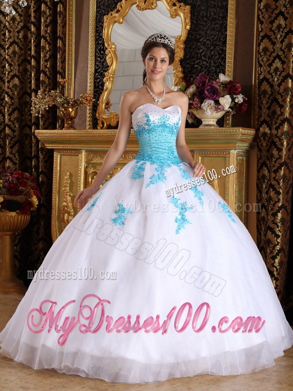 Classical Sweetheart Appliques White and Aqua Blue Fitted Dress for Sweet 15