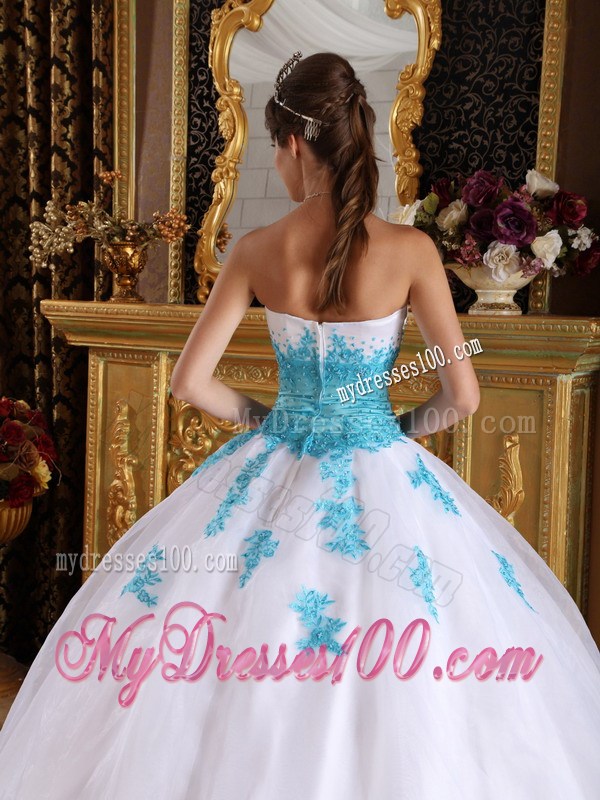 Classical Sweetheart Appliques White and Aqua Blue Fitted Dress for Sweet 15