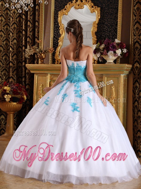 Classical Sweetheart Appliques White and Aqua Blue Fitted Dress for Sweet 15