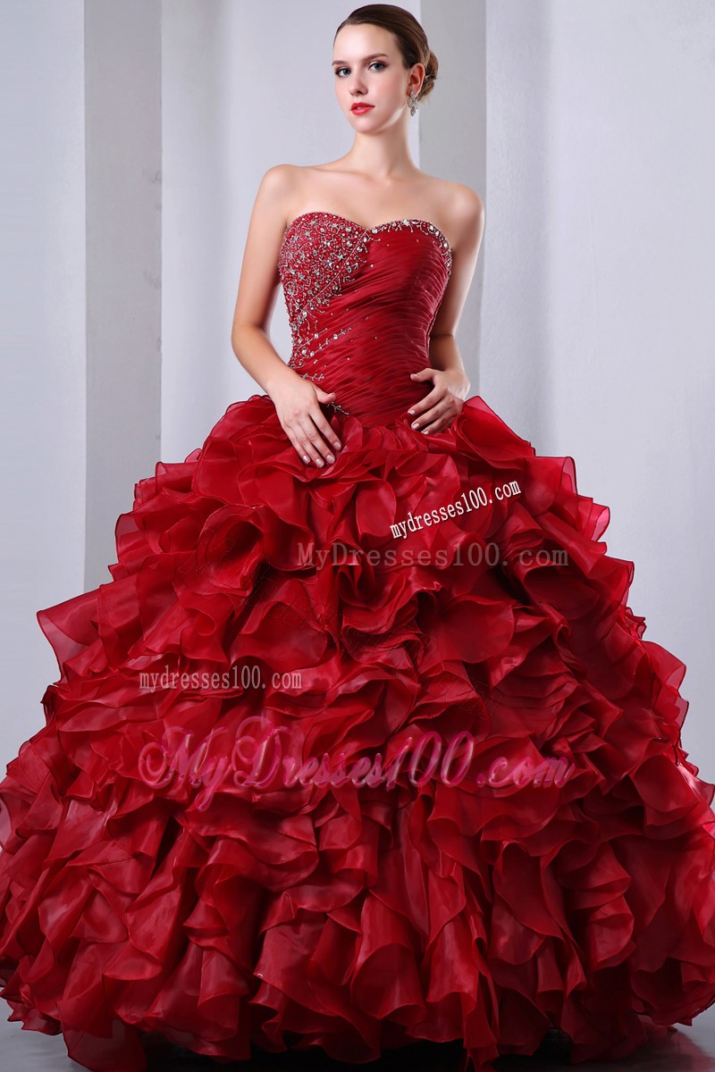 Wine Red Ruche Rolling Flowers Beaded Sweet 15 16 Party Dresses Wholesale