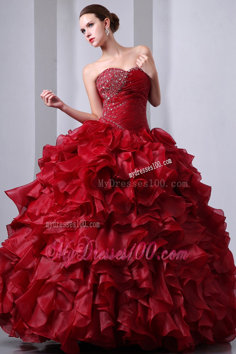 Wine Red Ruche Rolling Flowers Beaded Sweet 15 16 Party Dresses Wholesale