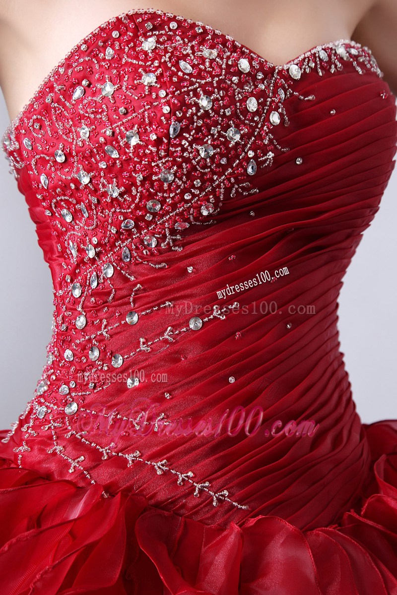 Wine Red Ruche Rolling Flowers Beaded Sweet 15 16 Party Dresses Wholesale