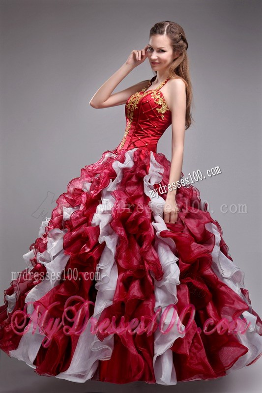 Halter Top Wine Red Appliques Ruffles Quinceanera Dresses
