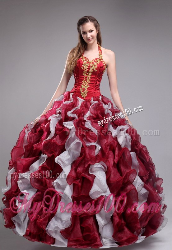 Halter Top Wine Red Appliques Ruffles Quinceanera Dresses