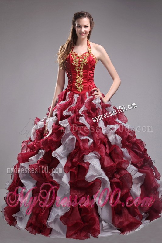 Halter Top Wine Red Appliques Ruffles Quinceanera Dresses