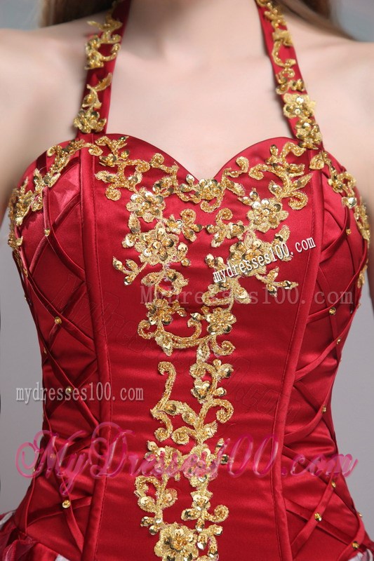 Halter Top Wine Red Appliques Ruffles Quinceanera Dresses
