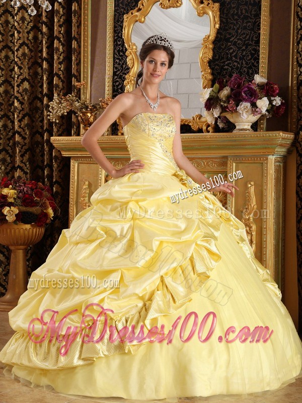 Yellow Ball Gown Floor-length Taffeta and Tulle Beading Quinceanera Dress