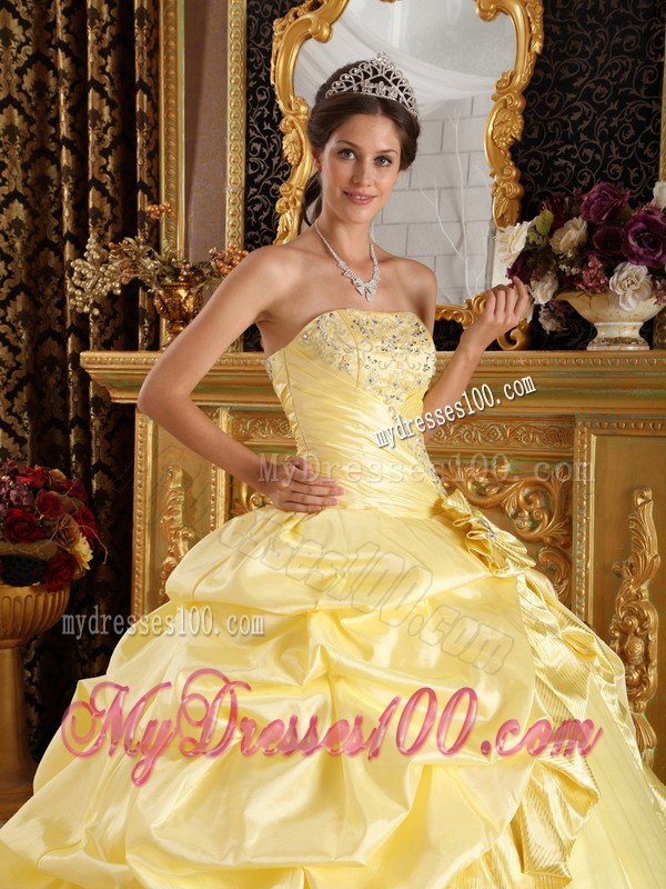 Yellow Ball Gown Floor-length Taffeta and Tulle Beading Quinceanera Dress