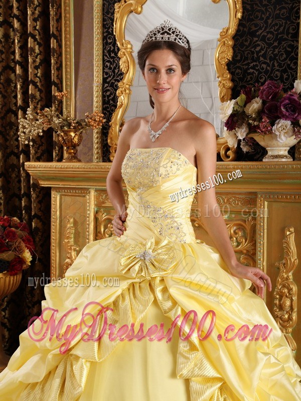 Yellow Ball Gown Floor-length Taffeta and Tulle Beading Quinceanera Dress