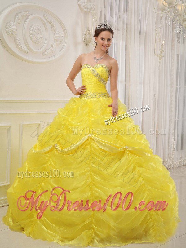 Beaded Pick-ups Yellow Sweet Quinceanera Dresses Sweetheart