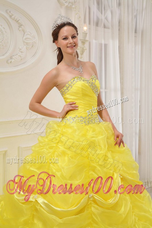 Beaded Pick-ups Yellow Sweet Quinceanera Dresses Sweetheart