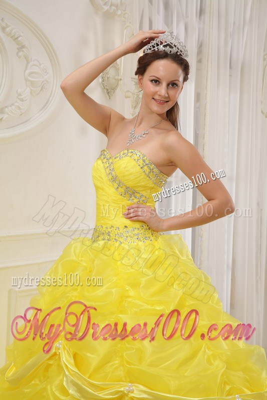 Beaded Pick-ups Yellow Sweet Quinceanera Dresses Sweetheart