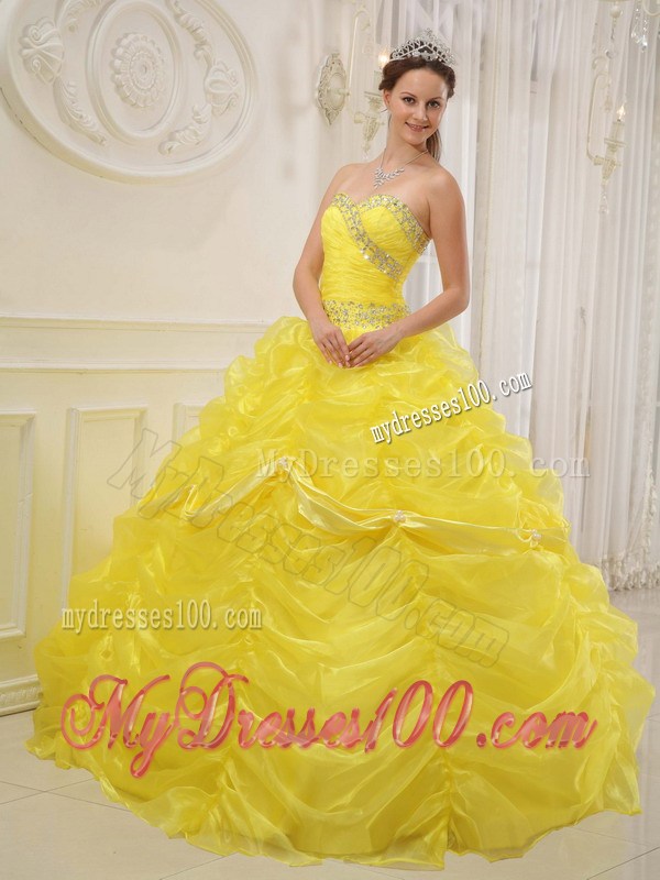 Beaded Pick-ups Yellow Sweet Quinceanera Dresses Sweetheart