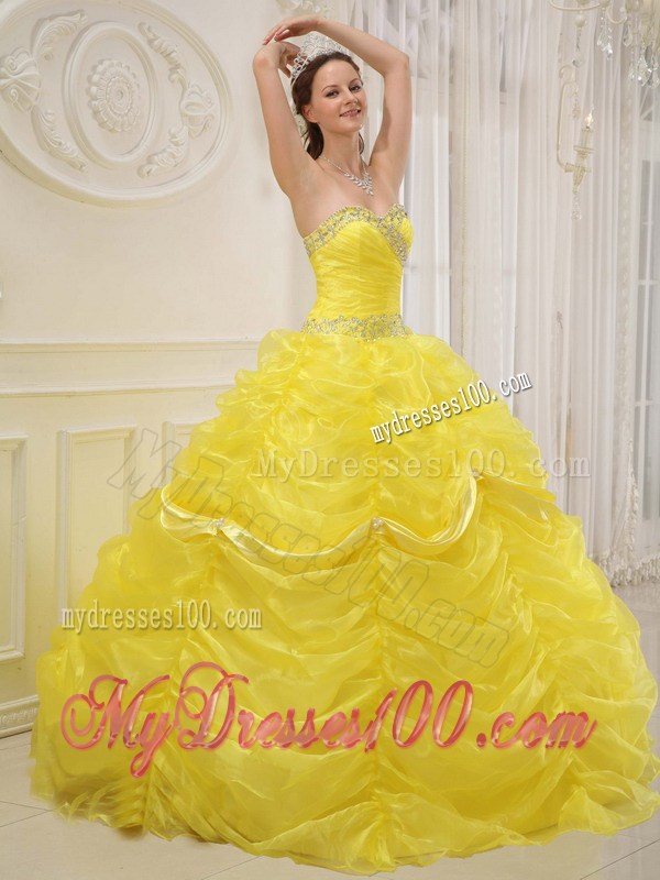 Beaded Pick-ups Yellow Sweet Quinceanera Dresses Sweetheart