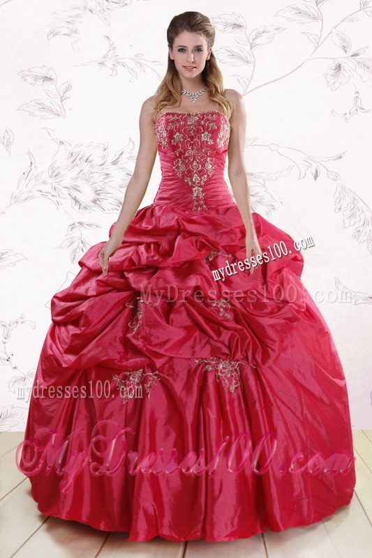 Puffy Strapless Red Quinceanera Dresses with Appliques and Pick Ups