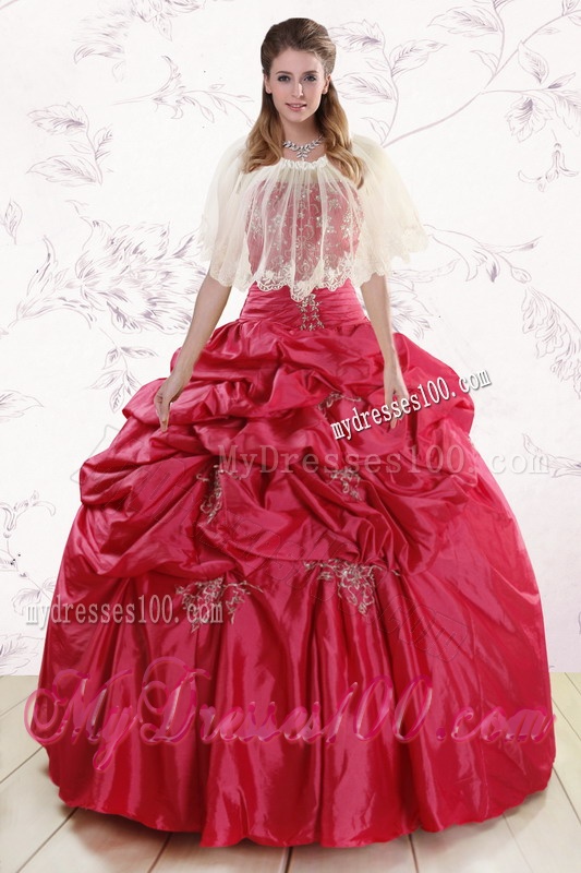 Puffy Strapless Red Quinceanera Dresses with Appliques and Pick Ups