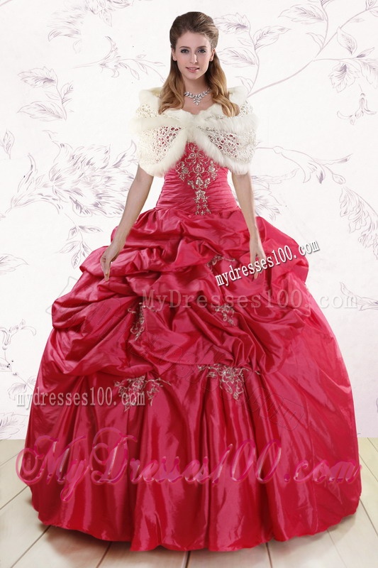 Puffy Strapless Red Quinceanera Dresses with Appliques and Pick Ups