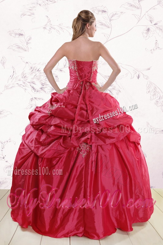 Puffy Strapless Red Quinceanera Dresses with Appliques and Pick Ups
