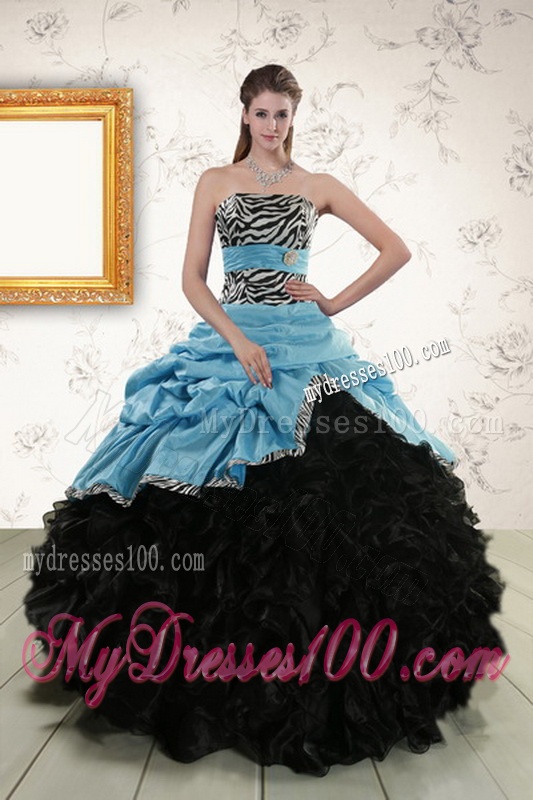 2016 Zebra Print Multi Color Strapless Quinceanera Dresses with Ruffles and Pick Ups