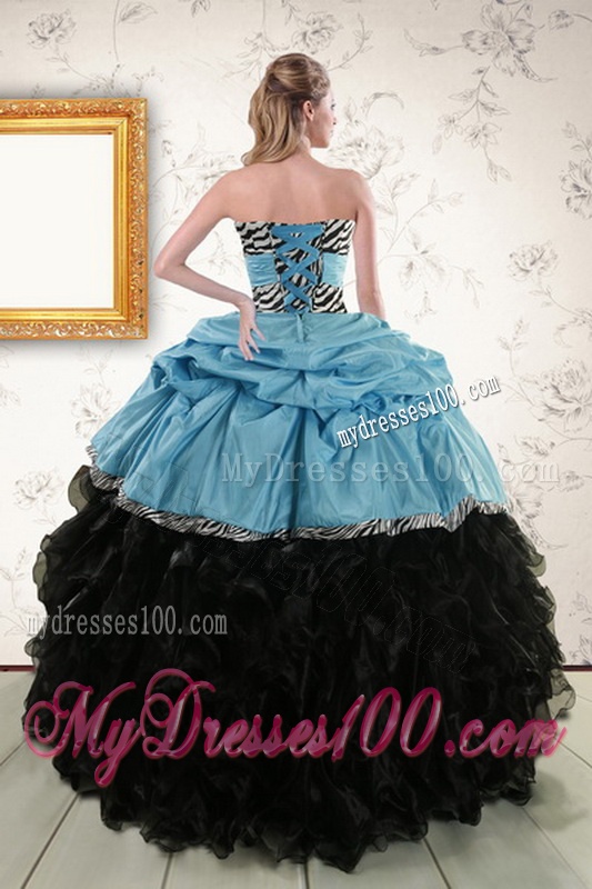 2016 Zebra Print Multi Color Strapless Quinceanera Dresses with Ruffles and Pick Ups