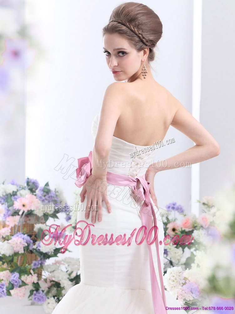 2016 Fashionable Strapless Mermaid Wedding Dress with Ruching and Hand Made Flowers
