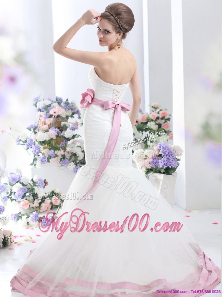 2016 Fashionable Strapless Mermaid Wedding Dress with Ruching and Hand Made Flowers