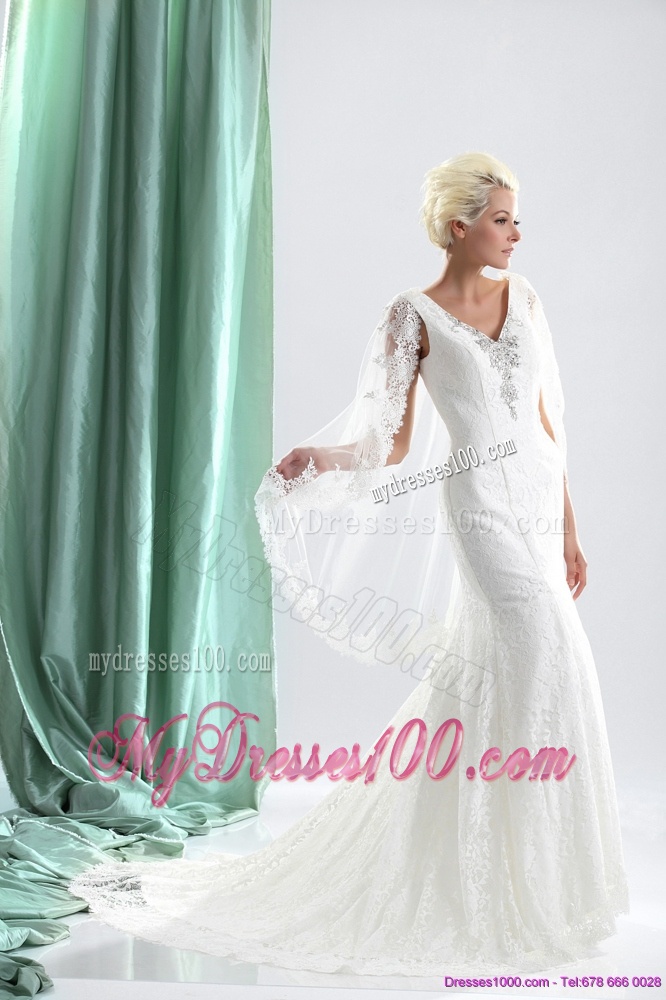 2016 Luxurious V Neck Wedding Dress with Lace and Appliques
