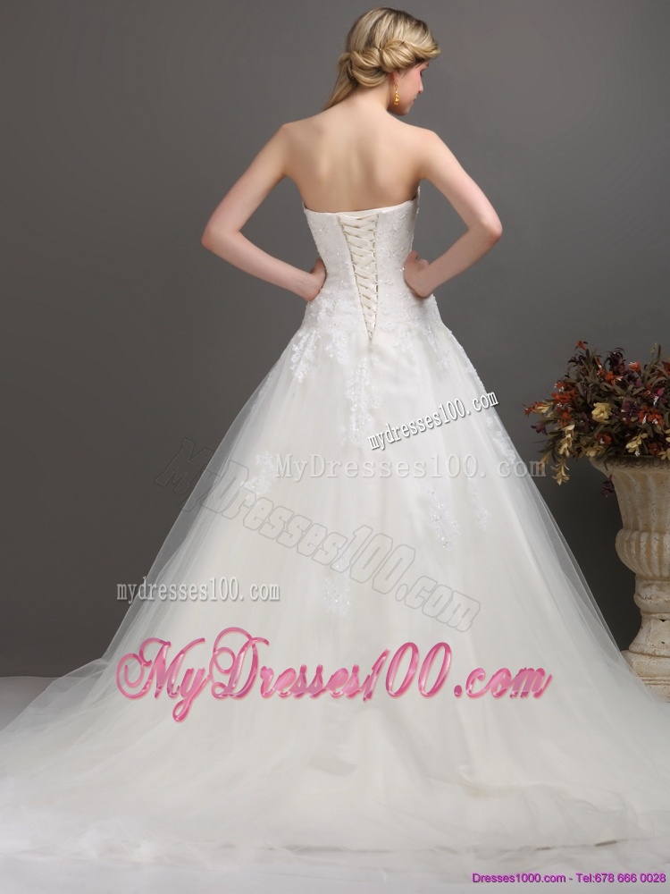 2016 Modest Strapless Brush Train Wedding Dress with Beading