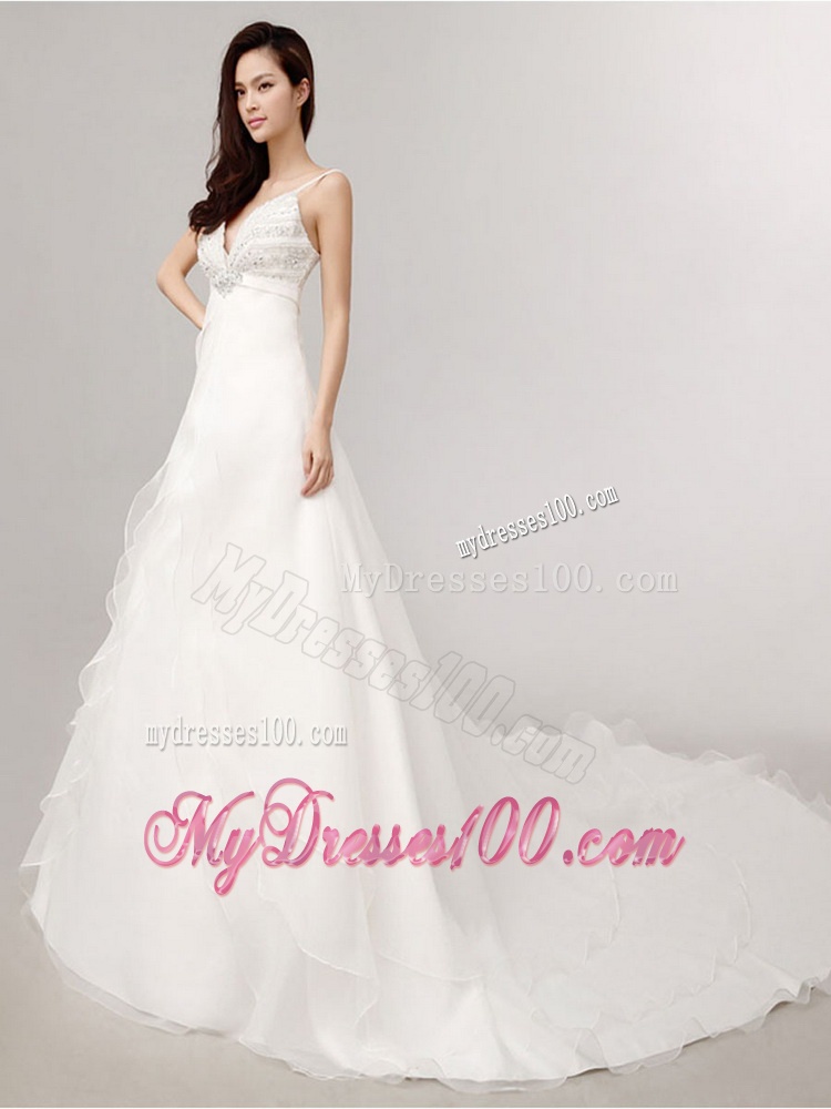 2016 Romantic A Line Spaghetti Straps Court Train Wedding Dress with Beading