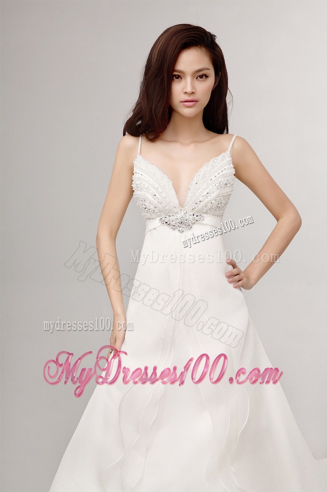2016 Romantic A Line Spaghetti Straps Court Train Wedding Dress with Beading