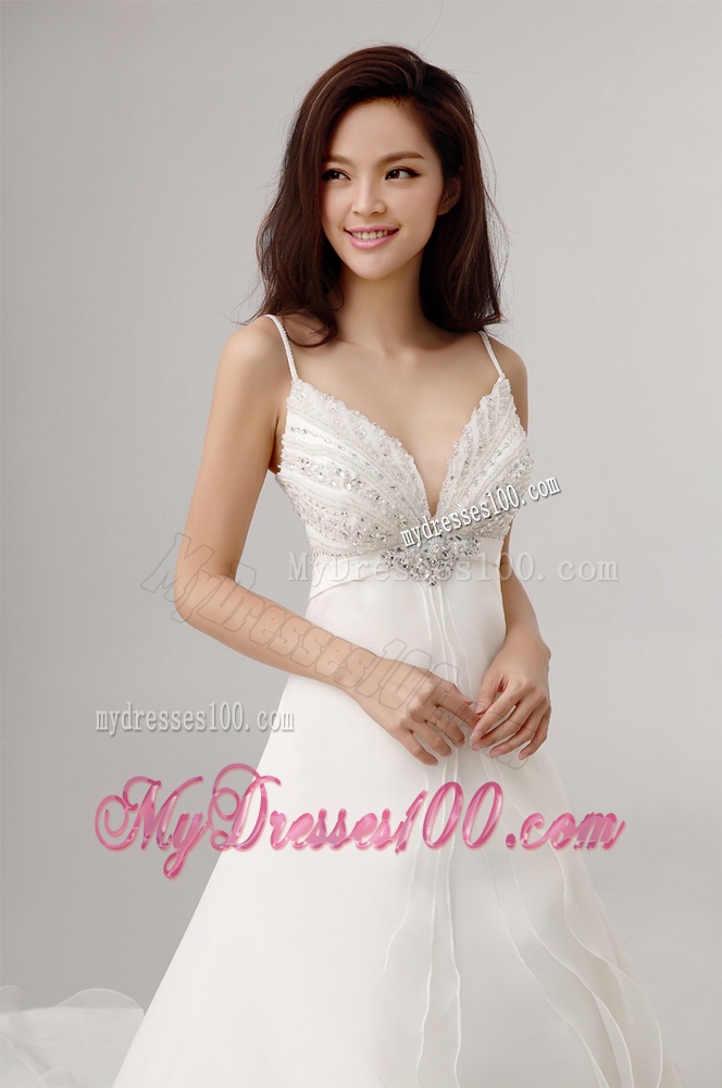 2016 Romantic A Line Spaghetti Straps Court Train Wedding Dress with Beading