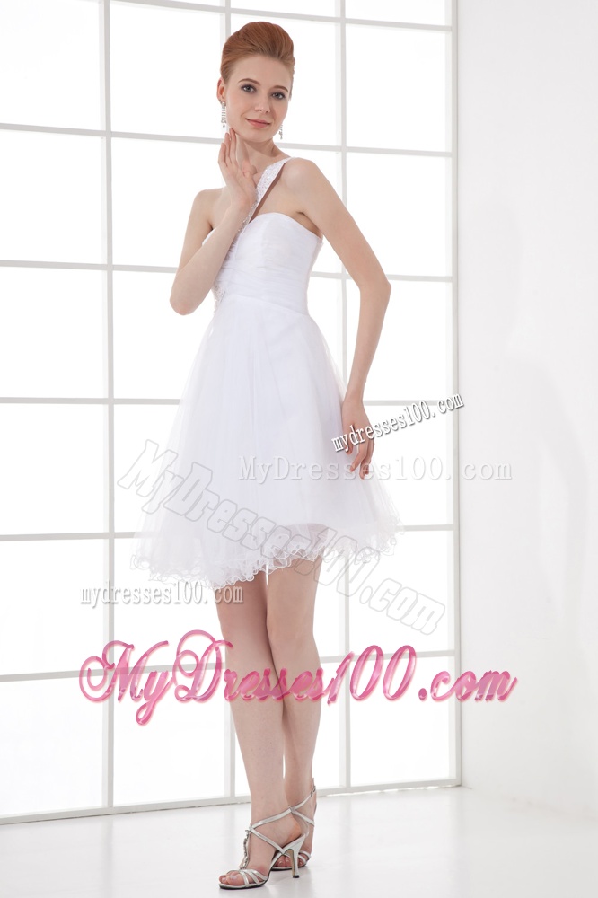 2016 Simple A-line One Shoulder Tulle Ruching Beading Short Wedding Dress