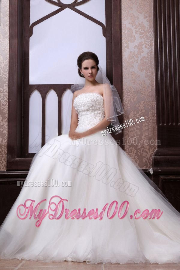 A-Line Strapless Beading Tulle and Organza Zipper Up Wedding Dress