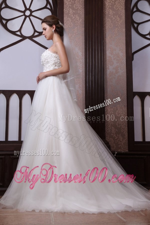 A-Line Strapless Beading Tulle and Organza Zipper Up Wedding Dress