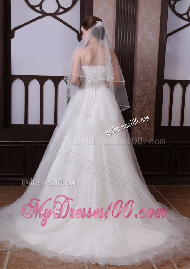 A-Line Strapless Beading Tulle and Organza Zipper Up Wedding Dress