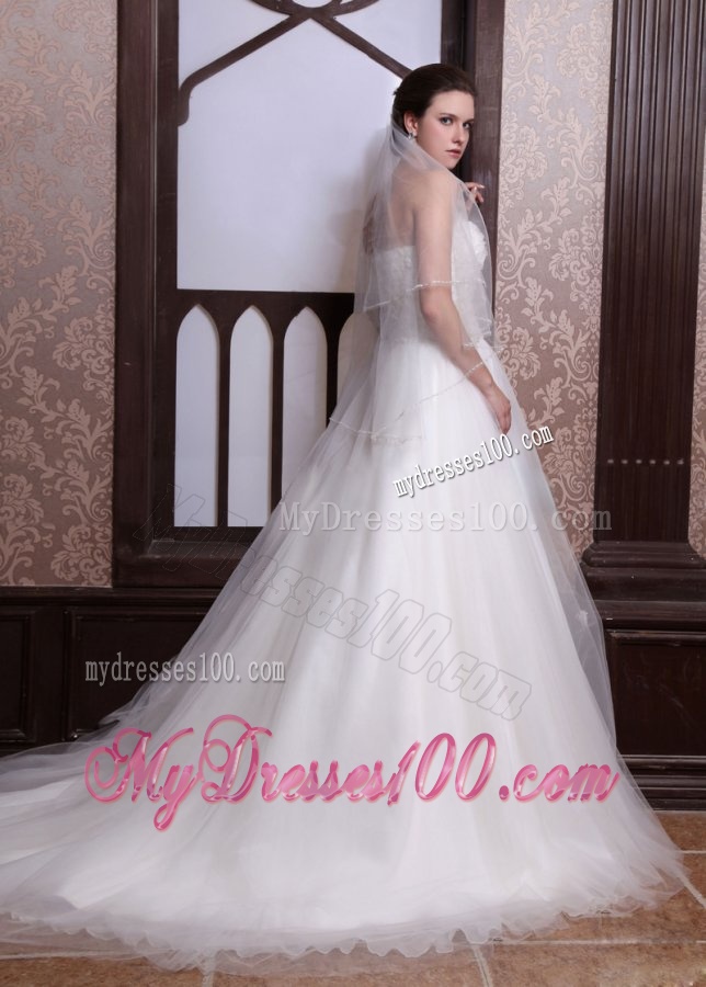 A-Line Strapless Beading Tulle and Organza Zipper Up Wedding Dress