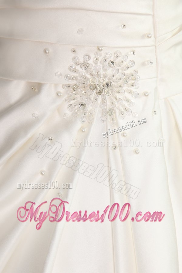 A-Line Strapless Floor-length Beading Lace Up Wedding Dress in Champagne