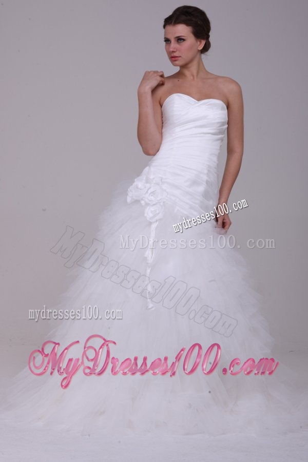 A-Line Strapless Ruching Tulle Wedding Dress with Brush Train
