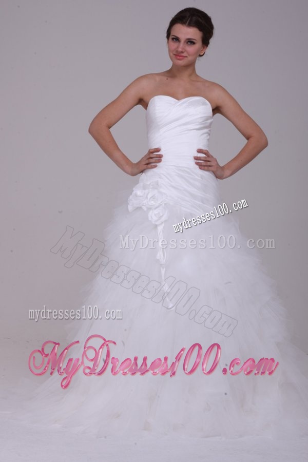 A-Line Strapless Ruching Tulle Wedding Dress with Brush Train