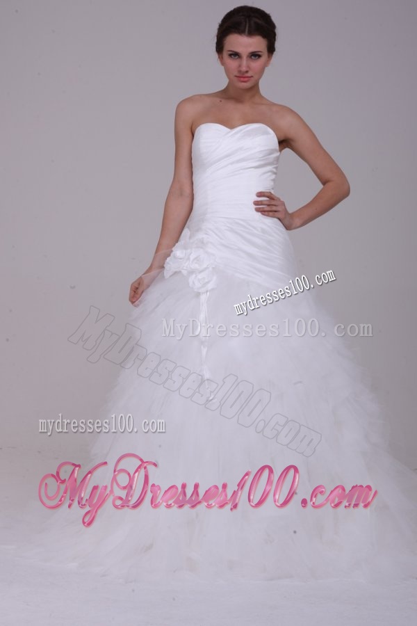 A-Line Strapless Ruching Tulle Wedding Dress with Brush Train
