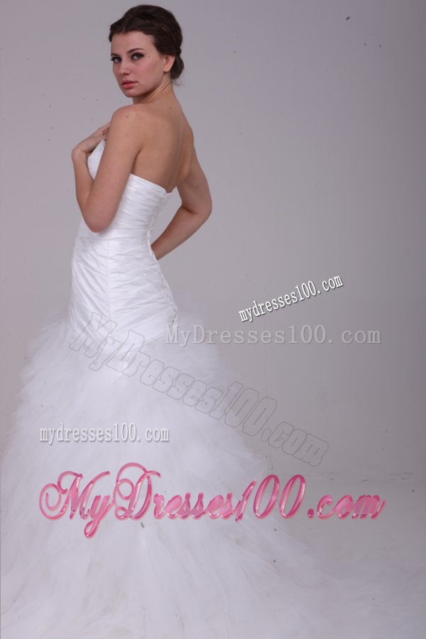 A-Line Strapless Ruching Tulle Wedding Dress with Brush Train