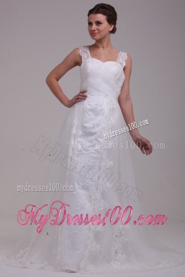 A-Line Straps Brush Train Appliques Tulle Wedding Dress