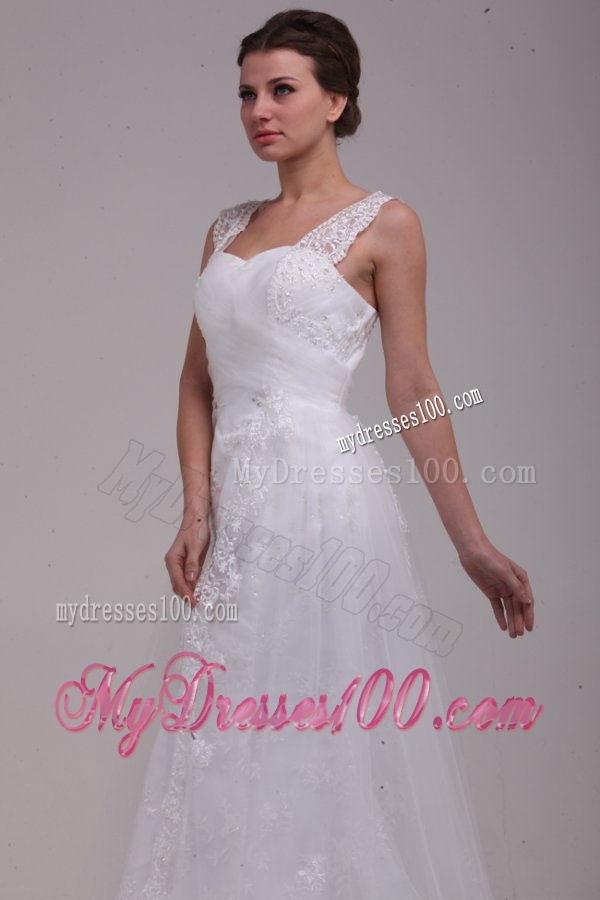 A-Line Straps Brush Train Appliques Tulle Wedding Dress
