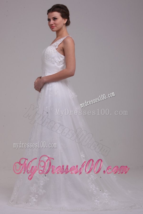 A-Line Straps Brush Train Appliques Tulle Wedding Dress