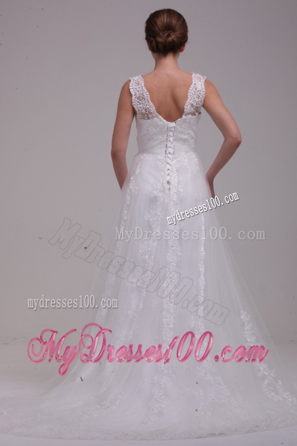 A-Line Straps Brush Train Appliques Tulle Wedding Dress