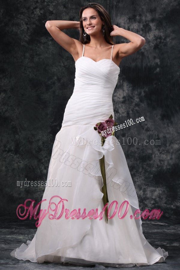A-Line Straps Brush Train Ruching Organza Wedding Dress with Side Zipper