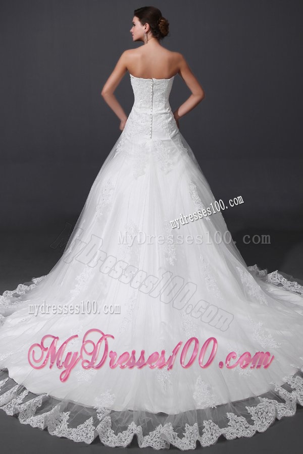 A-Line Sweetheart Appliques and Lace Wedding Dress with Court Train