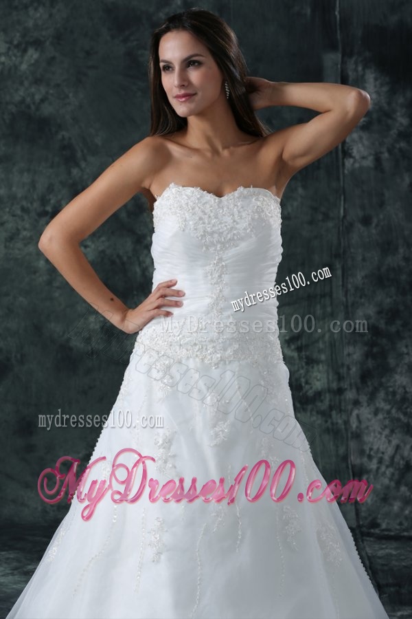 A-Line Sweetheart Beading Organza Wedding Dress with Court Train