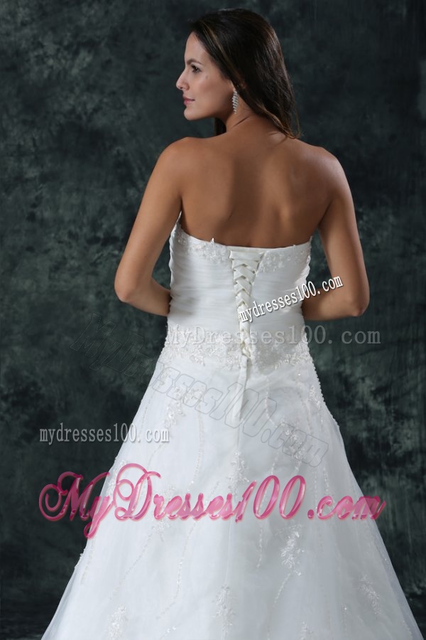 A-Line Sweetheart Beading Organza Wedding Dress with Court Train
